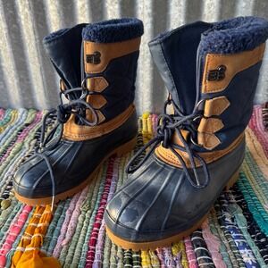 Eddie Bauer Mens Duck Boots Navy Blue Tan Leather Rubber Winter Snow Boots 8M